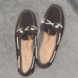 Sperry Dark Gray Boat Shoes with light blue Laces